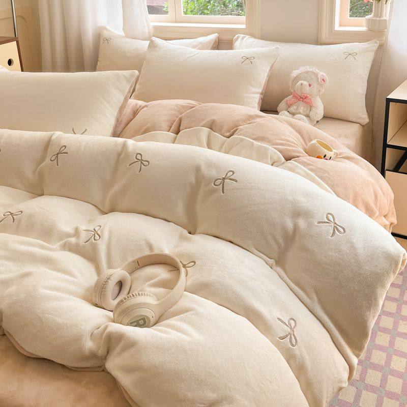 2025 New Four-Piece Bed Sheet Set, Fitted Sheet, Duvet Cover, Fleece-Lined Bedding Three-Piece Set, Double Milk Velvet Warm