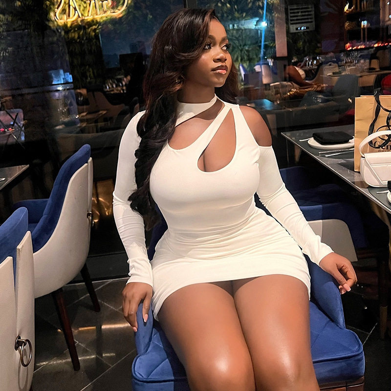 Fashionable Womens Bodycon Dress Solid Color Hollow Out Off Shoulder Long Sleeve Stand Collar Evening Wear