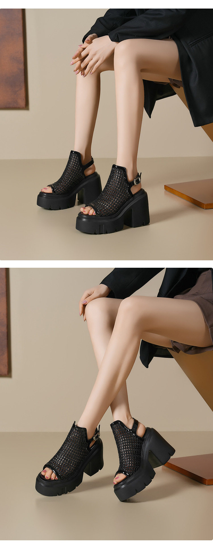 Sandal cao gót nữ hở mũi quai ngang đan chéo, gót siêu cao 9 cm — Đen, Áo khoác sáng, Trắng chi tiết 4