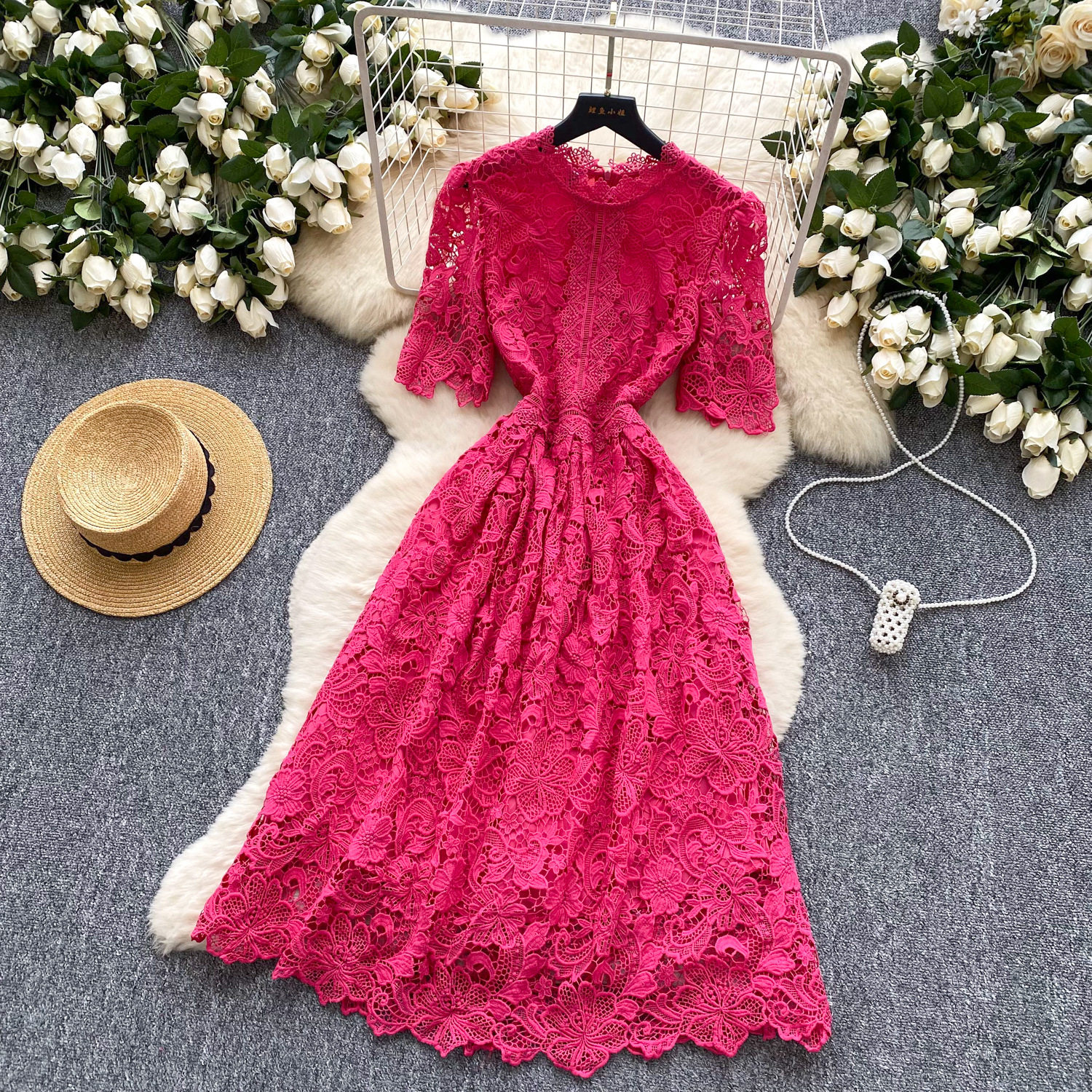 Lace Short Sleeve A Line Dress for Women Elegant Hollow Out Design Summer Cocktail Party Wear
