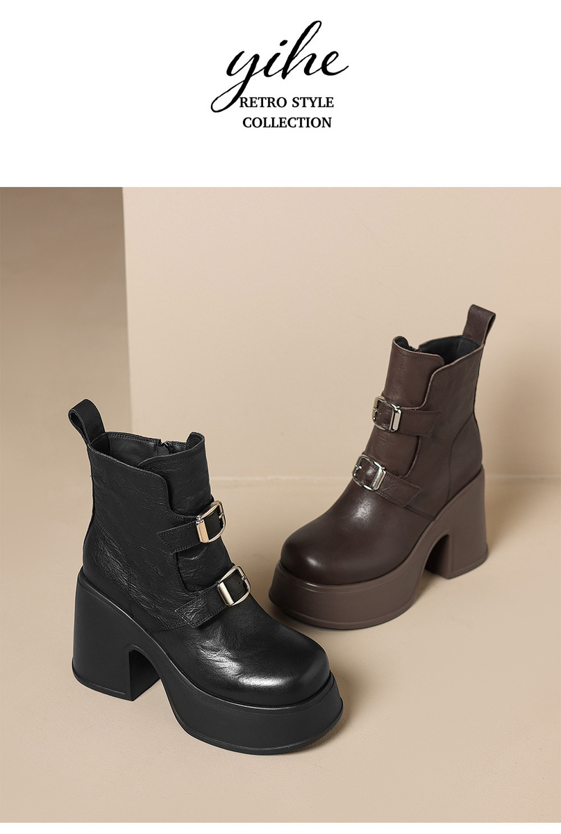 Boot nữ cổ thấp da bò thật khóa kéo bên hông, đế dày tăng chiều cao — Lớp lót đơn màu đen, Lớp lót đơn màu nâu, nhung đen, Nhung nâu