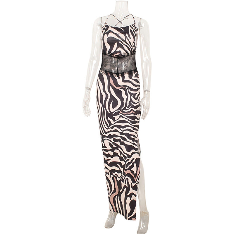 Summer Fashion Tiger Print Backless Mesh Spliced Maxi Dress High Slit Casual Beachwear Wholesale Available