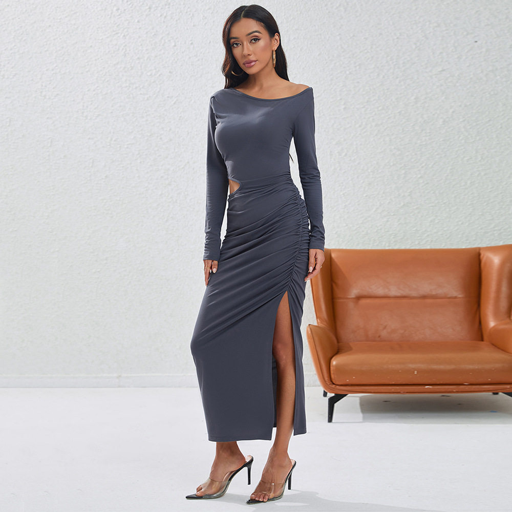 Bodycon Midi Dress Slim Fit Sexy Hollow Out Side Slit Autumn Winter Party Wear Wholesale Available
