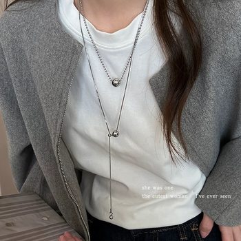 Simple silver Beaded Titanium Steel Pull Necklace Women's Autumn and Winter Fold Wear Color-free Ball Woolen Chain Clavicle Chain Accessories