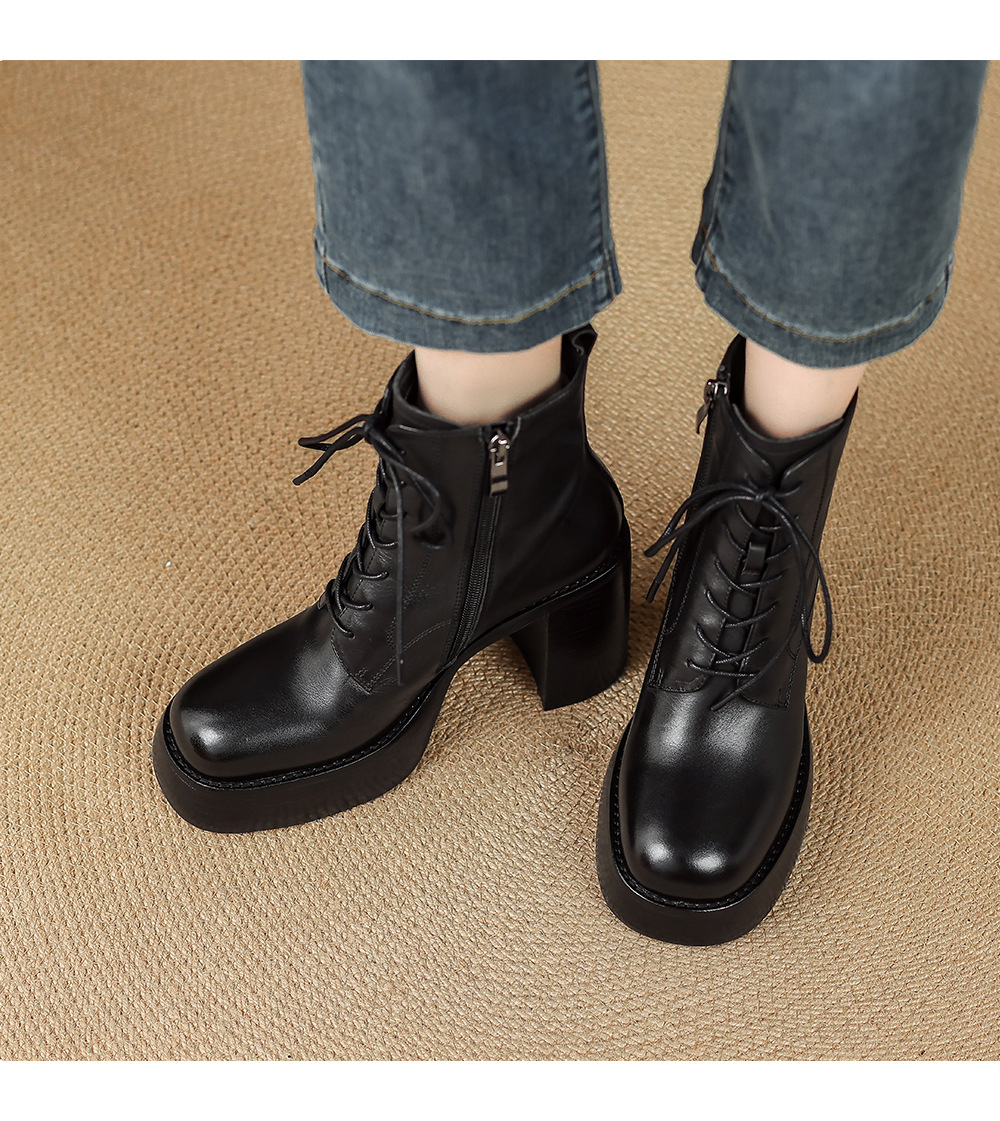Boot Martin nữ đế dày gót thô buộc dây tăng chiều cao mũi tròn da bò thật — Lớp lót đơn màu nâu, Lớp lót nhung màu nâu, Màu đen một lớp, nhung đen