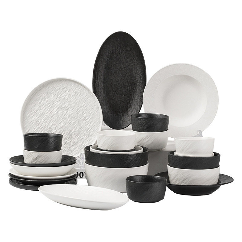 Jingdezhen Tableware Ceramic Bowl Household Plate High-Value Black and White Slate Stone Pattern Soup Noodle Bowl Ceramic Dinner Plate Optional