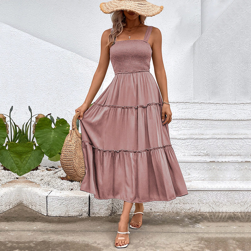 Casual Summer Dress Solid Color Adjustable Straps Waist Tie Design Beach Vacation Essential Wholesale Available