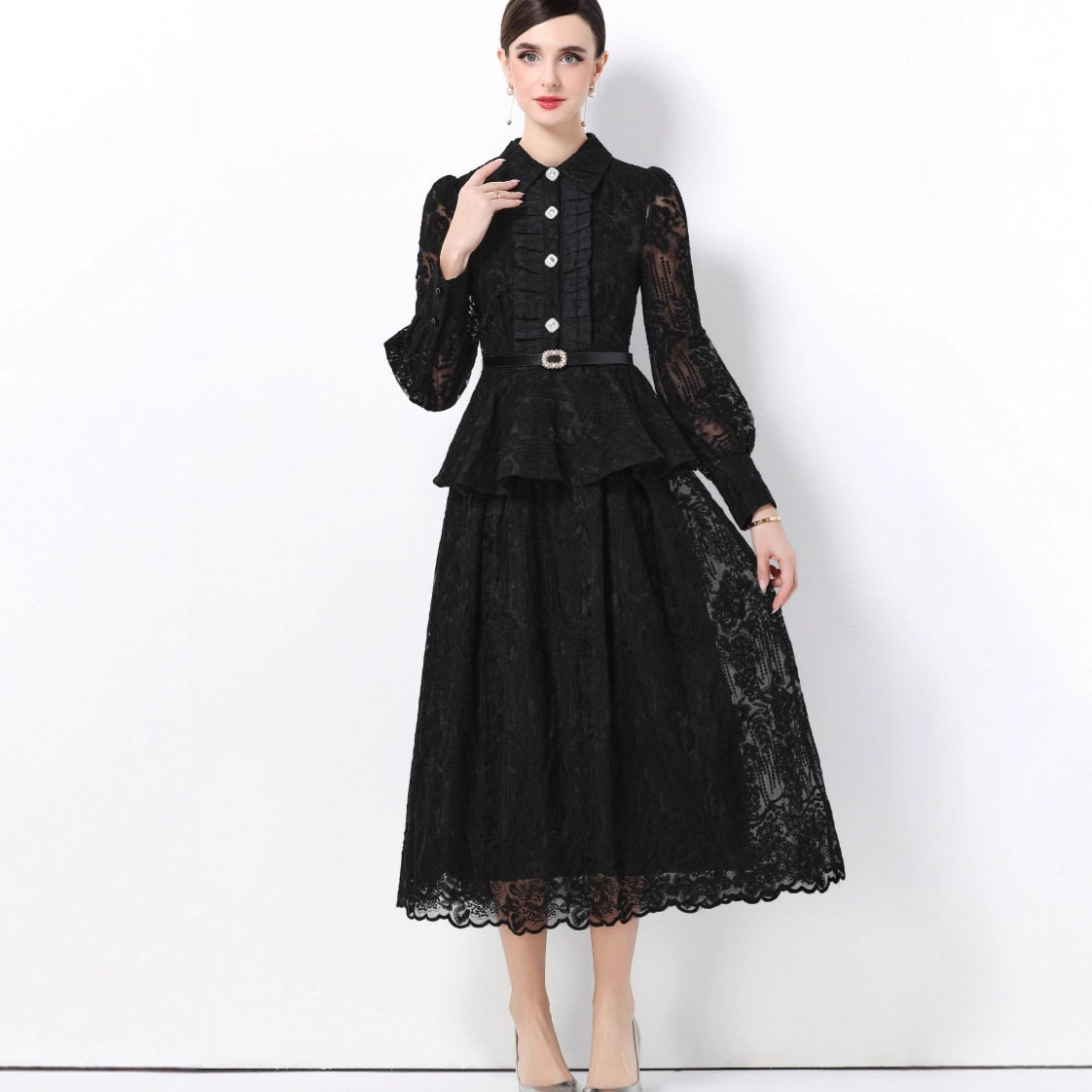 French Style Embroidered Chiffon Dress Ruffled Hem Waist Defining Elegant Design Perfect for Formal Events
