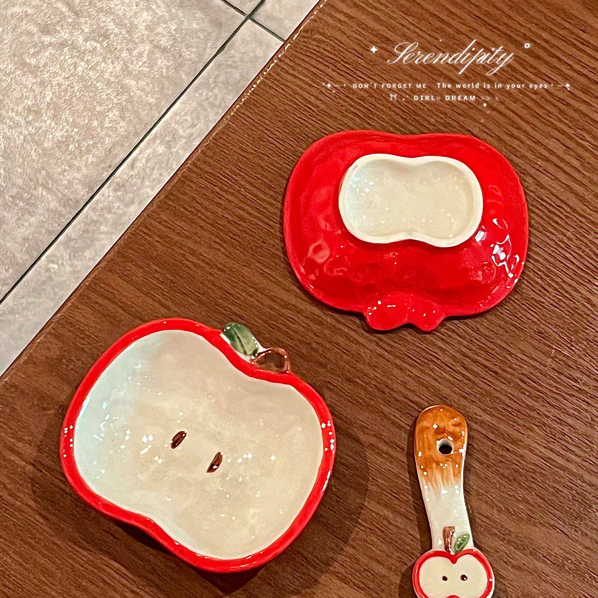 Internet Celebrity Apple Plate Cartoon Ins High-Looking Cute Ceramic Apple Cup Bowl Dish Spoon