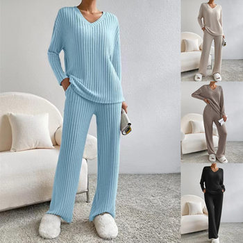 European and American Cross-border Autumn and Winter New Two-piece Fashionable Casual Straight Pants Elegant Loose V-neck Pit Knitted suit