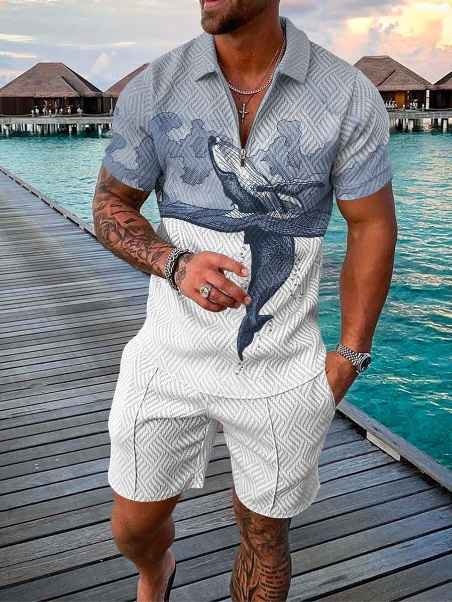 2022跨境欧美男装新款独立站货源休闲撞色POLO拉链翻领衫短袖套装