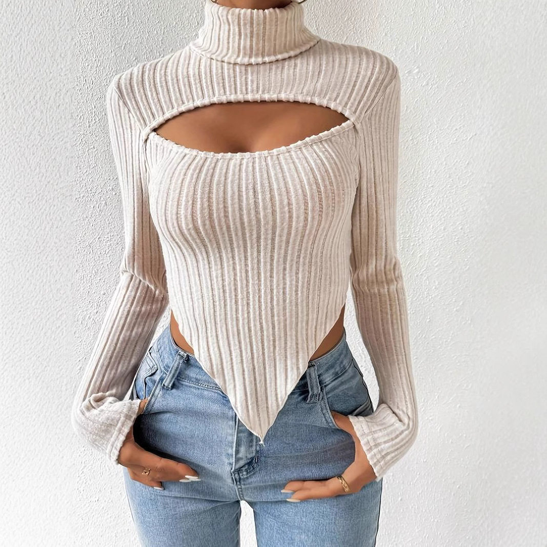 Womens Knit Crop Top Sexy Hollow Design Irregular Hem Long Sleeve Spring Summer Fashion Wholesale Available