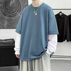 Candy colored long sleeved sweatshirt for men in spring and autumn, new round neck fake two-piece ins neutral solid color sports pullover for men and women
