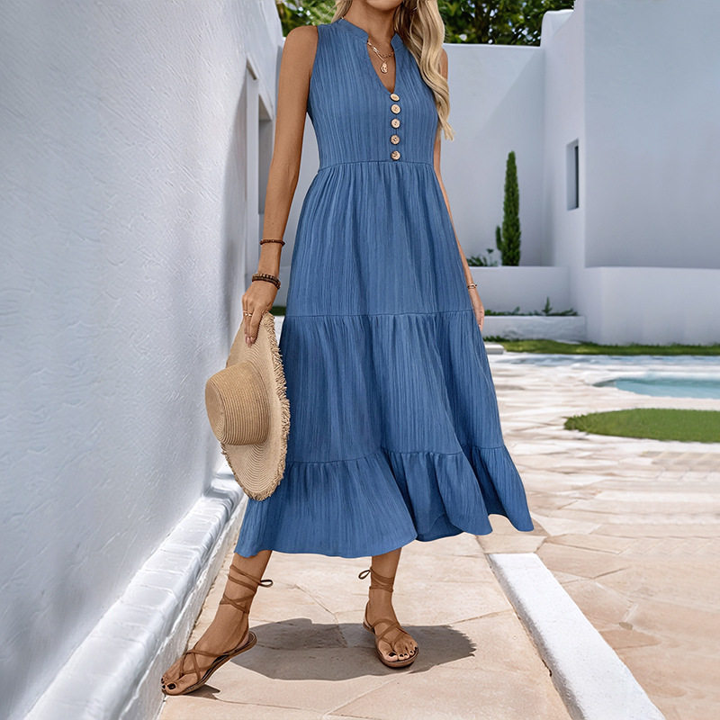 Summer Casual Midi Dress Button Detail Solid Color V Neck Sleeveless Perfect for Everyday Wear Wholesale Available