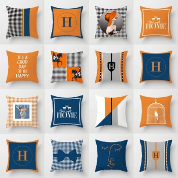 Orange and Blue Contrasting Plaid Pillowcase, Simple and Fashionable Geometric Pillowcase, Home Sofa Bedside Car Cushion Cover