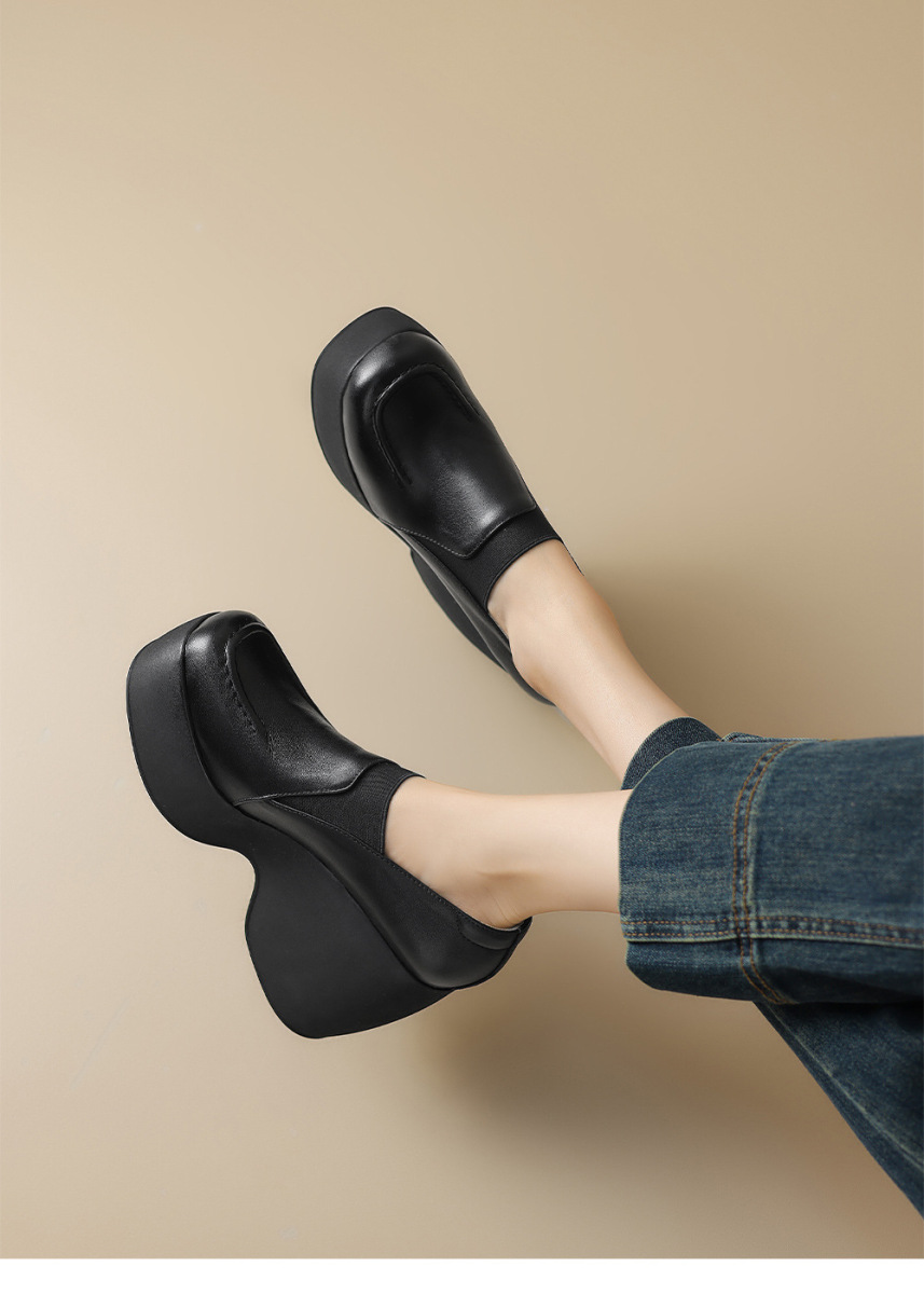 Giày cao gót nữ đế xuồng platform da bò mũi tròn gót 9cm — Màu đen