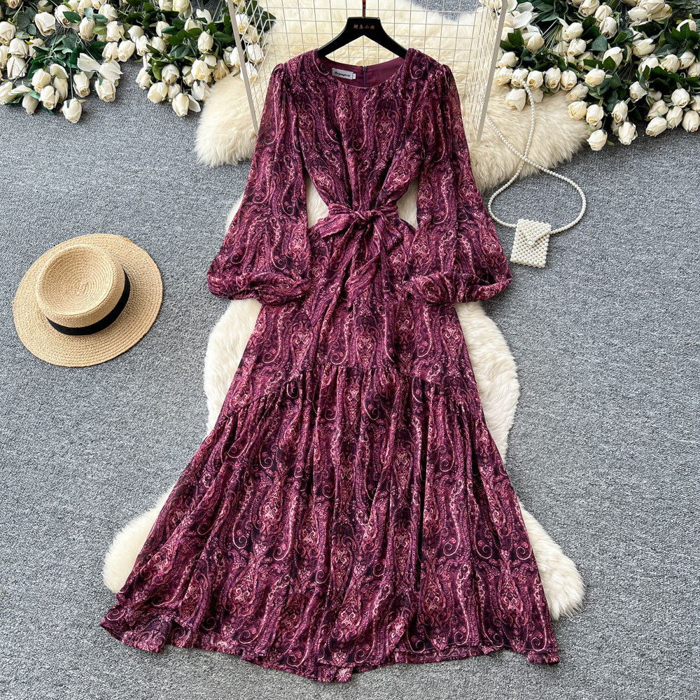 French Style Floral Maxi Dress Loose Fit Long Sleeve Waist Tie A Line Silhouette Spring and Autumn Wear Wholesale