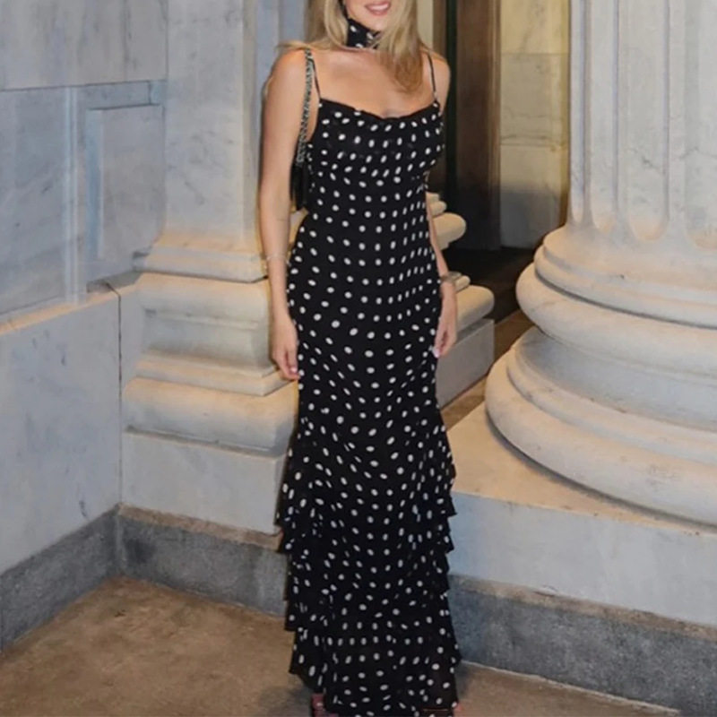 Summer Womens Dress Sleeveless Ruffled Hem Polka Dot Scarf Neck Elegant Casual Wear Wholesale Available
