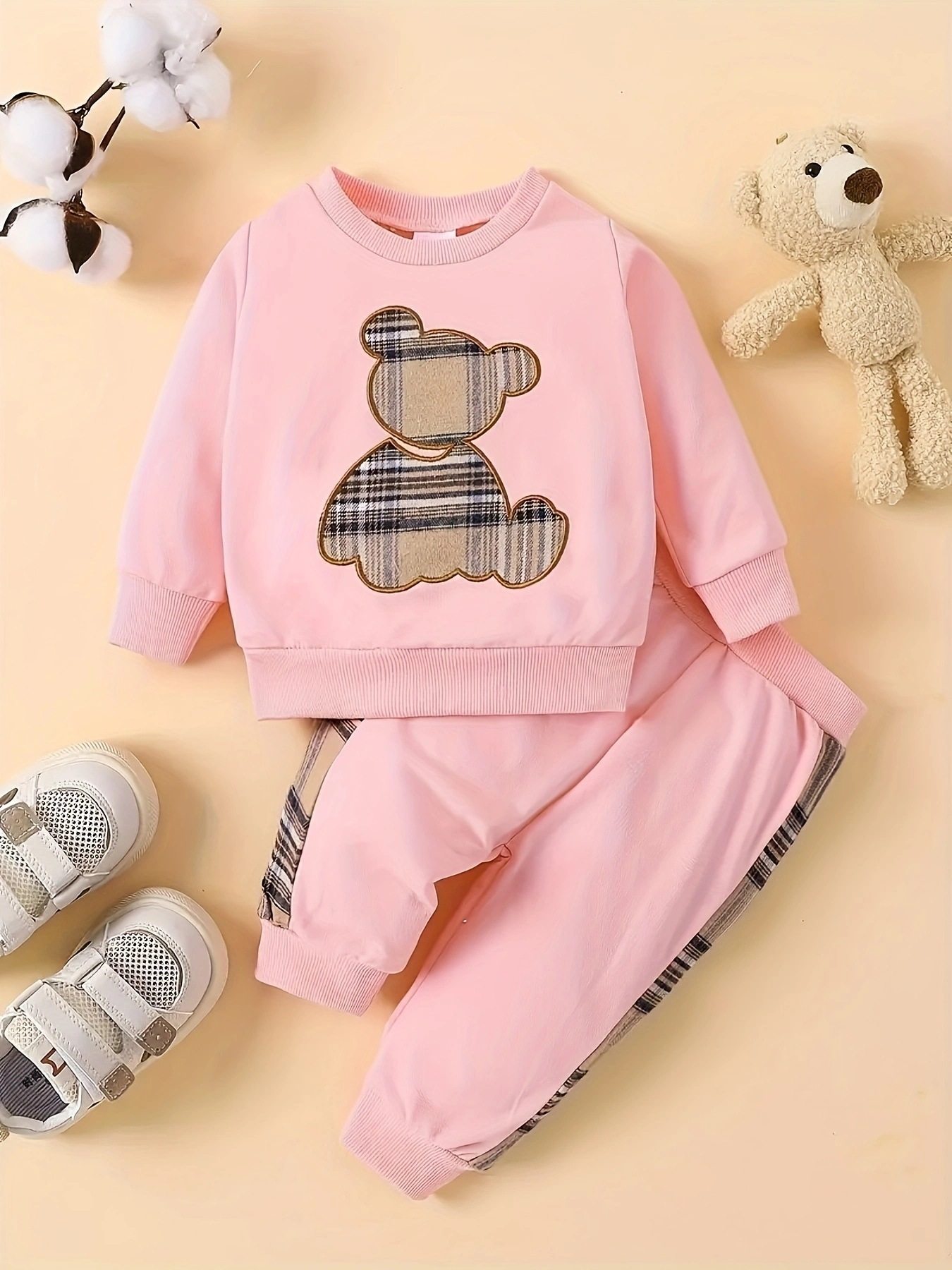 baby boys and girls spring and autumn round neck pullover plaid bear pyrography long-sleeved suit