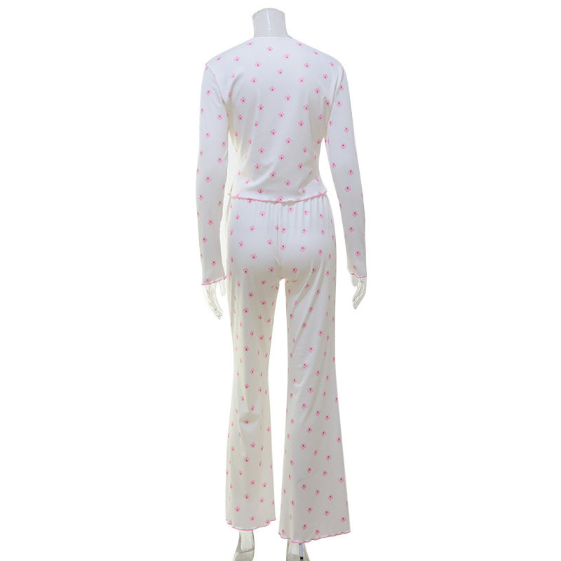 Floral Print Long Sleeve Loungewear Set Ruffled Edges Comfortable Fit Casual Style Perfect for Spring and Autumn