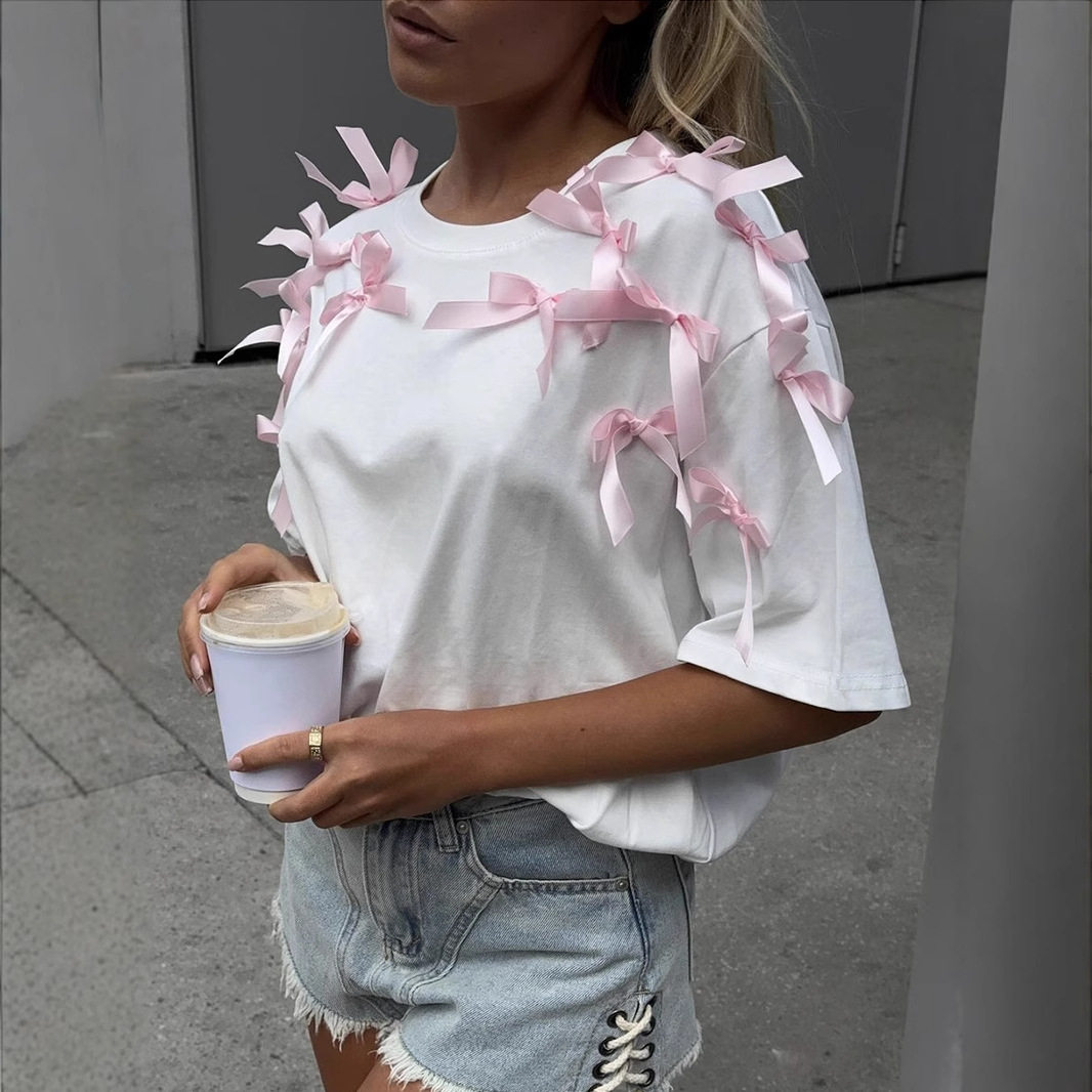 Loose Fit Short Sleeve T Shirt Cute Ribbon Bow Design Soft Cotton Fabric Casual Style Perfect for Everyday Wear