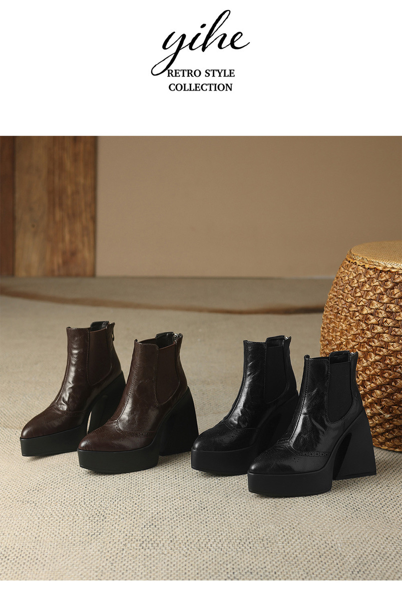 Boot nữ cổ thấp gót thô mũi nhọn phong cách Chelsea — Màu đen lót một lớp, Màu đen lót nhung, Màu nâu lót một lớp, Màu nâu lót nhung