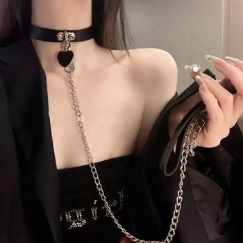 Collar Women's Leather Bell Choker Dark Heart Pendant Necklace Chain Necklace Heart Choker