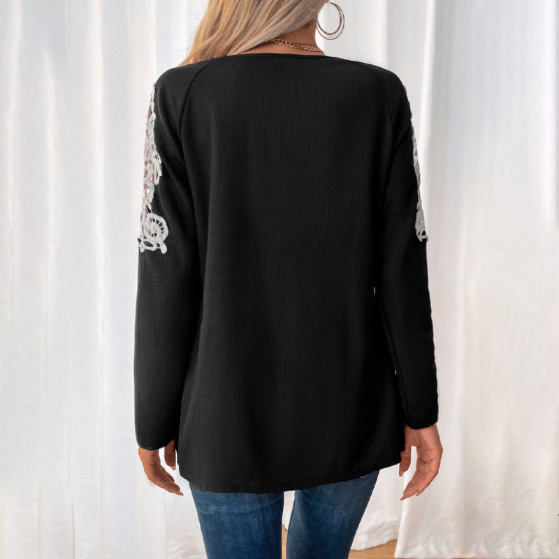Casual Black T Shirt Embroidered Long Sleeve Drop Shoulder Autumn Wear Wholesale Available