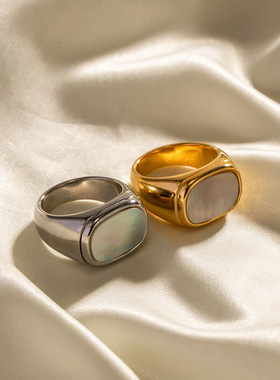 欧美跨境矩形白色戒指 18K金真空电镀不锈钢结婚戒指情侣钛钢戒指