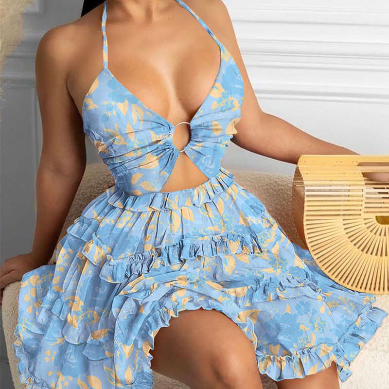 Womens Floral Print Halter Neck Cake Dress Sexy Hollow Out Design Spring Summer Fashion