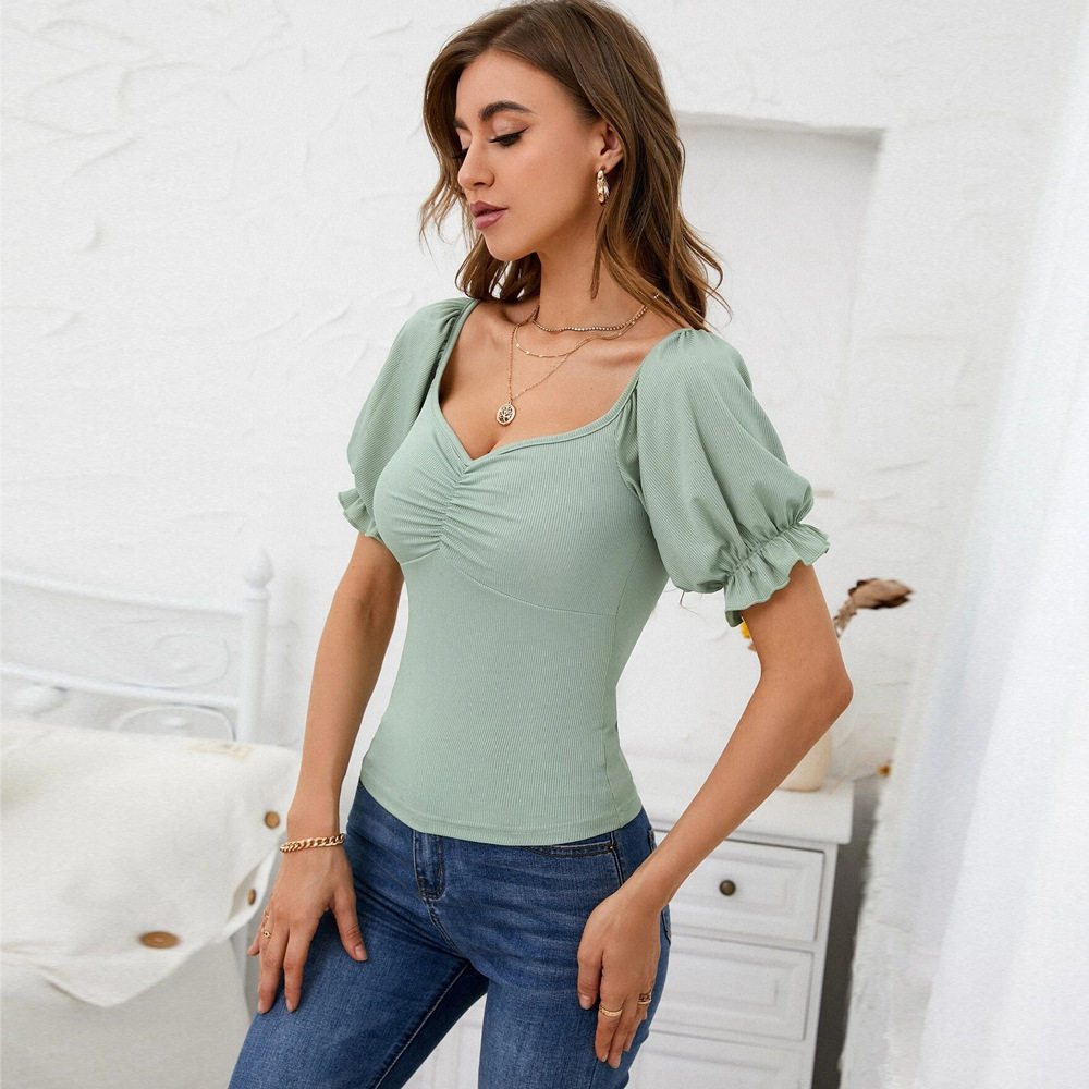 V Neck Puff Sleeve Knit Top Slim Fit Waist Cinching Elegant Style Perfect for Office Wear Wholesale Available
