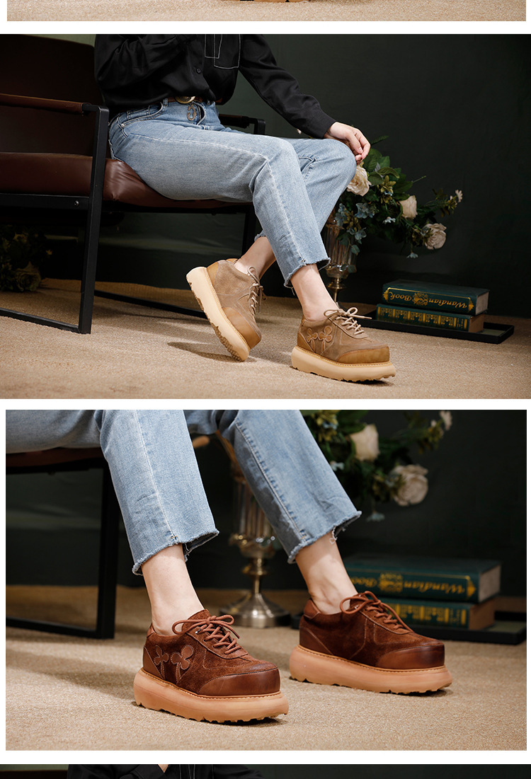Giày lười nữ da bò thật đế dày 4cm êm chân phong cách cổ điển — Màu cà phê, Màu kaki