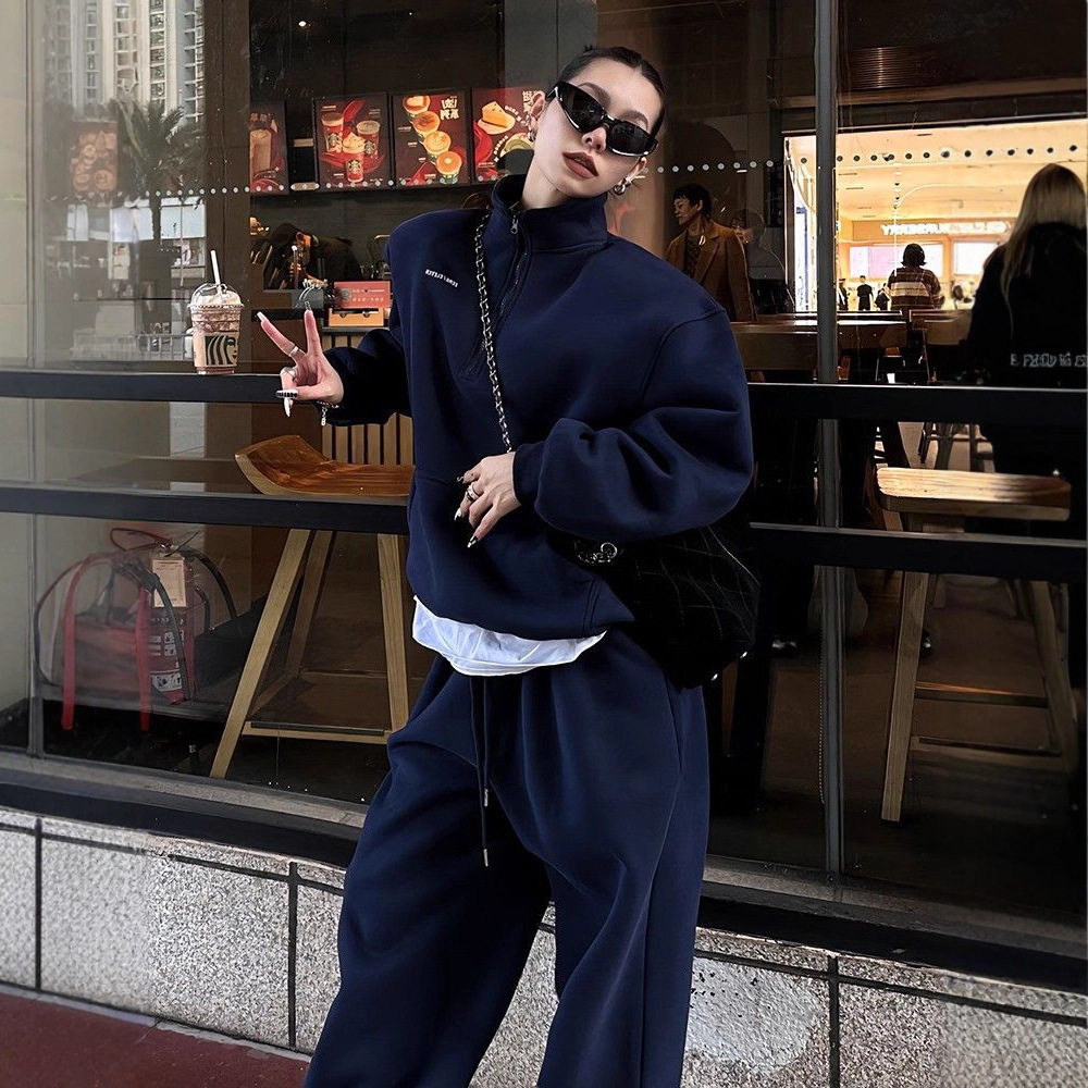 高级感运动衣服女套装秋冬季欧货休闲时尚复古宽松百搭显瘦两件套