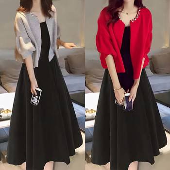 Long Dress Autumn plus size chubby girl Autumn new two-piece women's fat + mid-length knitted slimming dress fashion