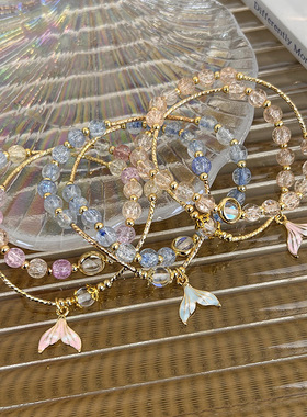 韩系小清新爆花水晶鱼尾吊坠手链手工串珠美人鱼琉璃双层手镯手串