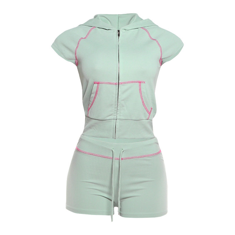 Womens Summer Set Trendy Zip Up Hoodie with Short Sleeves and Drawstring Shorts Casual Wear for Everyday Use Wholesale