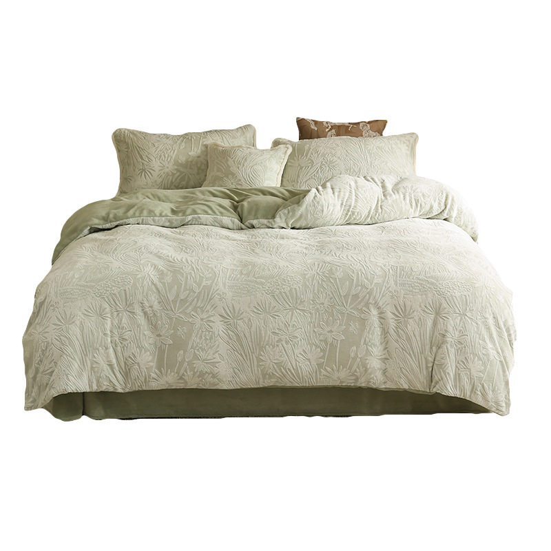 Thickened and Warm~ Carved Velvet Simple Milk Velvet Four-Piece Set French Romantic High-End Feel Winter Thickened Double-Sided Velvet