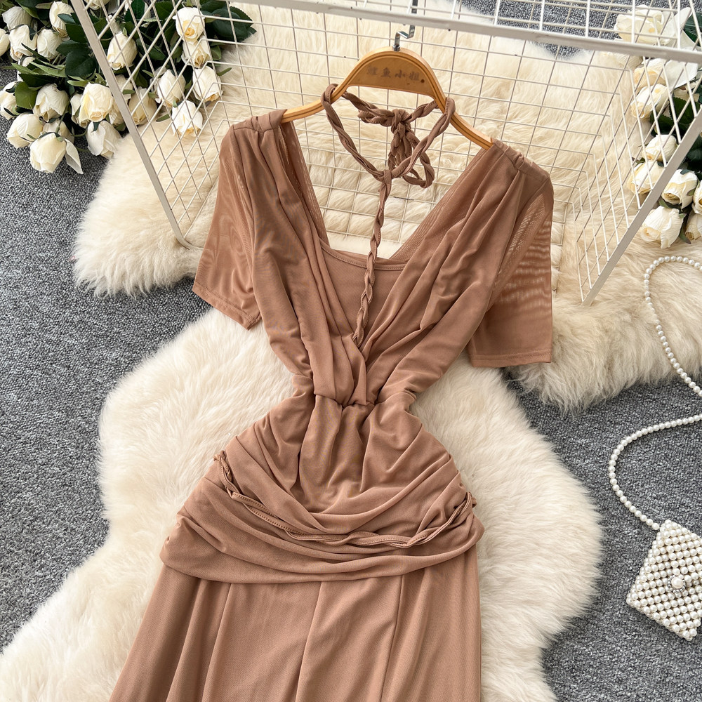 French Elegant V Neck Short Sleeve Dress Summer Slim Fit Waist Defining Sheer Long Skirt Perfect for Office Wear