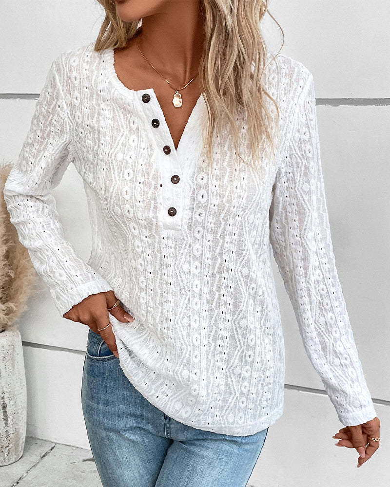Casual Womens Long Sleeve Top Solid Color V Neck Hollow Out Design Perfect for Everyday Wear Wholesale Available