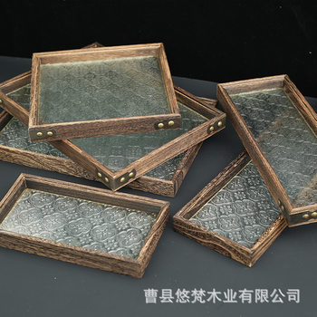 Begonia Flower Glass Wooden Tray Solid Wood Fruit Snack Plate Household Rectangular Wooden Water Cup Tea Cup Storage Plate