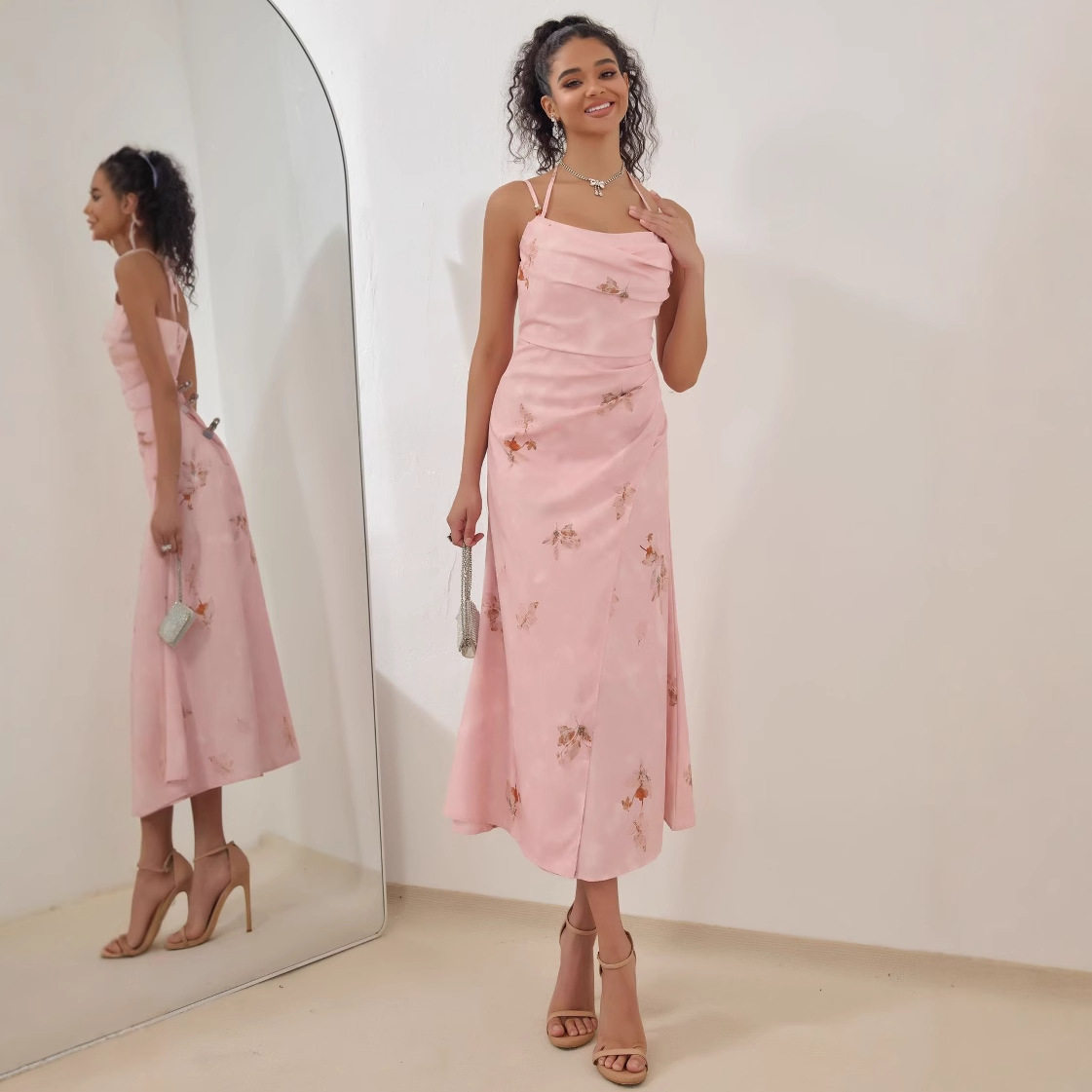 Elegant Pink A Line Midi Dress High Quality Fabric Chic Design Perfect for Spring Summer Events Wholesale Available
