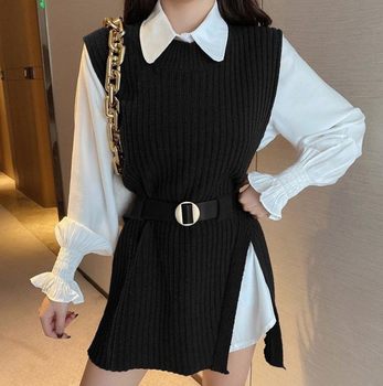 2025 Early Spring New Suit for Women Korean Style Slim Mid-Length Shirt Lace-Up Waist Knitted Vest Two-Piece Set for Women