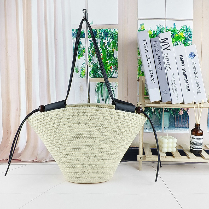 Simple One-Shoulder Large-Capacity Cotton Bag Cotton Rope Woven Women's Commuter Bag Tote Bag Vacation Beach Bag Portable
