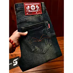 European Trendy Brand Men's Slim Fit Skinny Jeans Stretch Retro Embroidered Casual Blue Trendy Fashion Long Pants