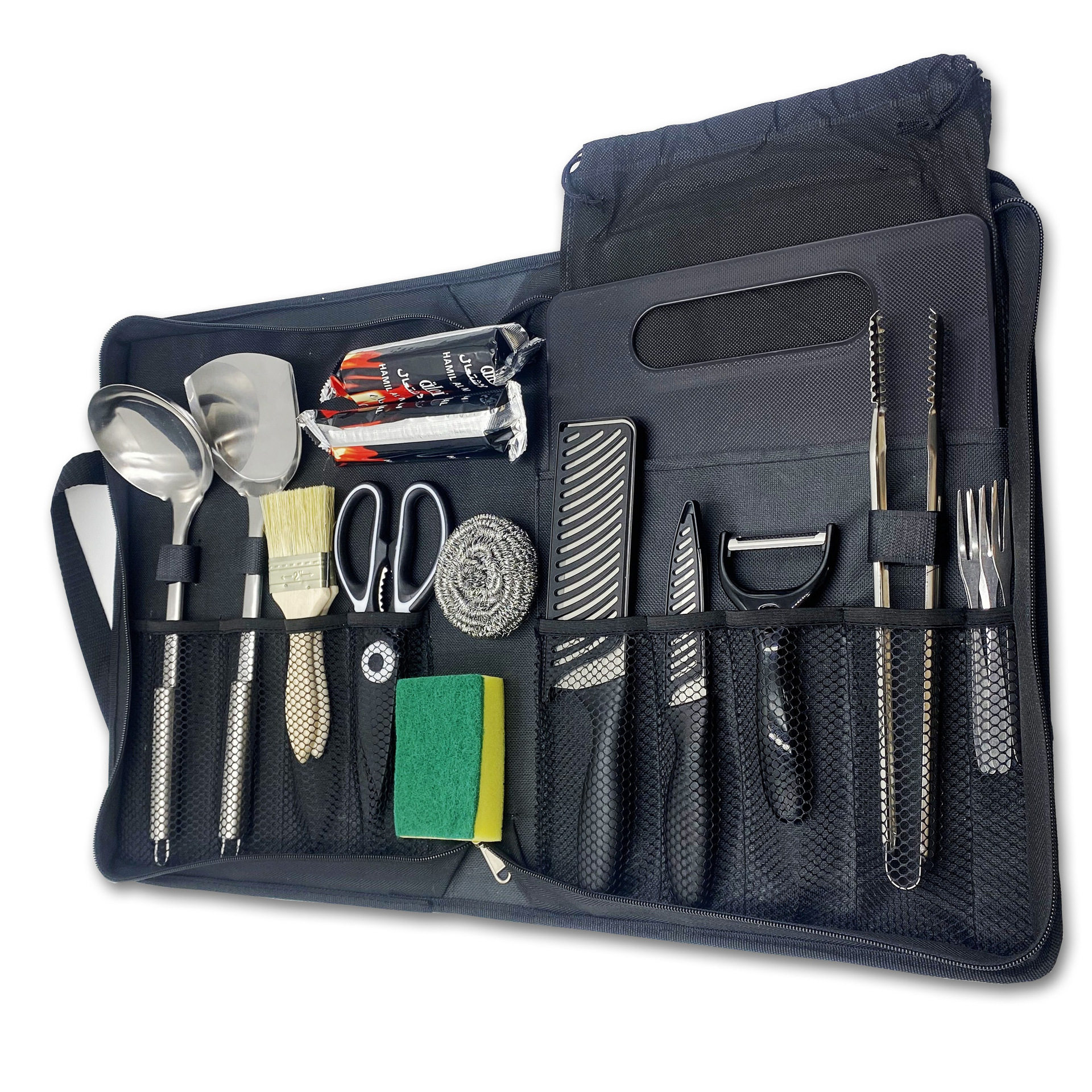 Outdoor Camping Stainless Steel Grill Picnic Set 15-Piece Portable Knife, Scissors, Spatula, Spoon, Charcoal Grill Portable