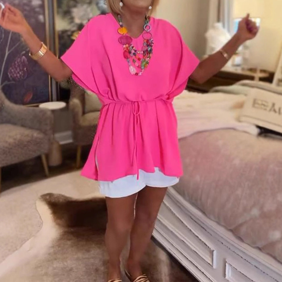 Summer Womens Solid Color Short Sleeve V Neck Tie Top Versatile Style for Casual Wear Available for Wholesale