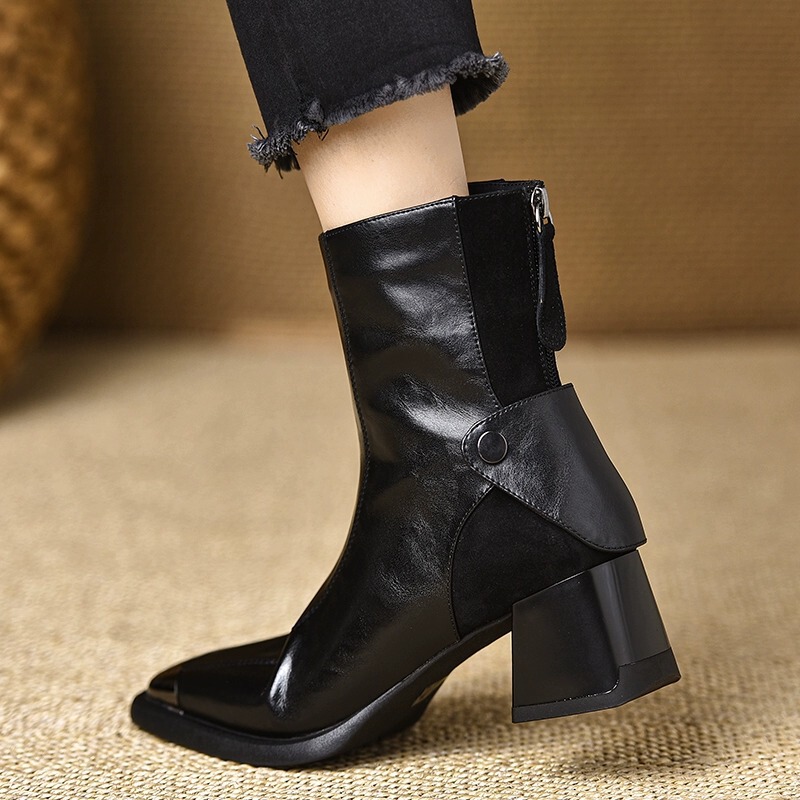 Boot nữ cổ thấp mũi vuông gót thô khóa kéo sau — Màu đen, Màu nâu