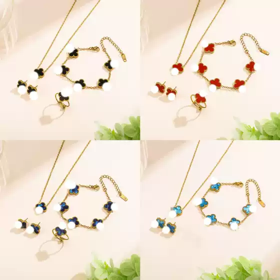 Cross-Border Popular 13mm Four-Leaf Clover Necklace, Bracelet and Earrings Three-Piece Set, Furnace Electroplating 18K Versatile Clover