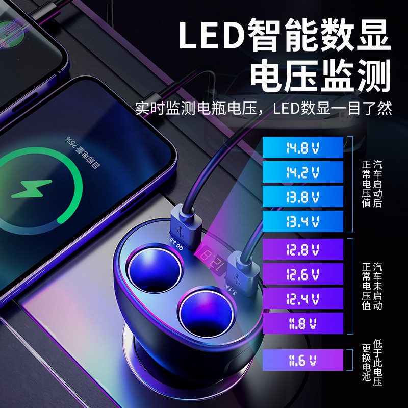 New cross-border cigarette lighter QC3.0 one-tow four-car charging fast charging one-tow three-pair USB 6A car charger