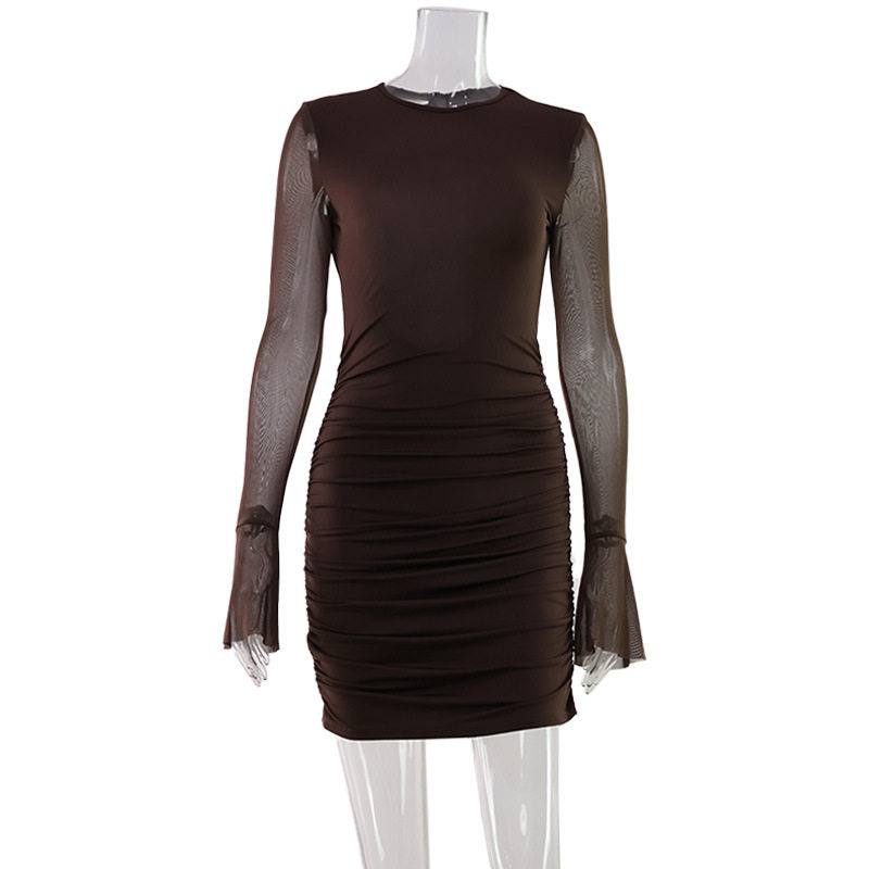 Sexy Womens Hollow Back Mesh Panel Bodycon Mini Dress Lightweight Slim Fit Pleated Design Perfect for Parties and